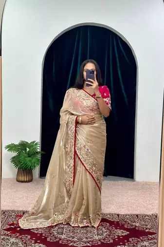 Cream Jimmy Choo Silk Multicolor Sequins Embroidered Saree with Unstitched Blouse