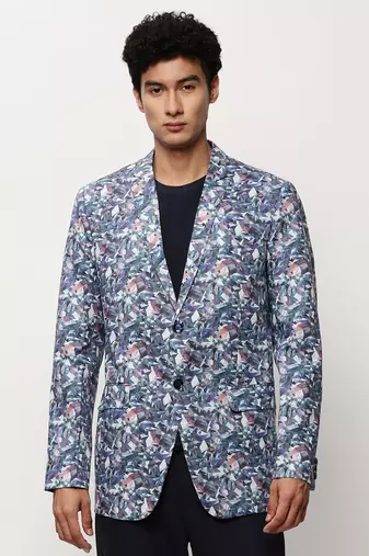 Men's Notched Lapel Printed White Single-Breasted Blazer