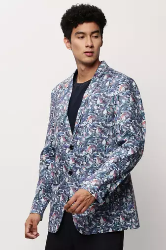 Men's Notched Lapel Printed White Single-Breasted Blazer