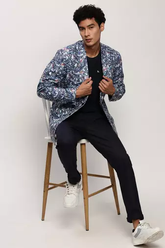 Men's Notched Lapel Printed White Single-Breasted Blazer