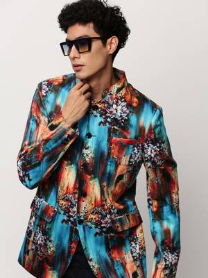 SHOWOFF Men's Mandarin Collar Printed Blue Bandhgala Blazer 1