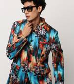 SHOWOFF Men's Mandarin Collar Printed Blue Bandhgala Blazer