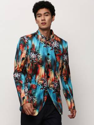SHOWOFF Men's Mandarin Collar Printed Blue Bandhgala Blazer 2