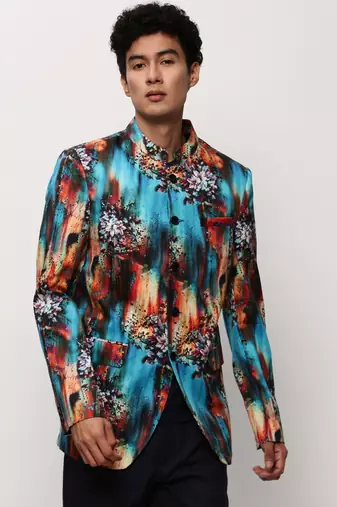 SHOWOFF Men's Mandarin Collar Printed Blue Bandhgala Blazer