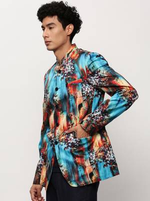 SHOWOFF Men's Mandarin Collar Printed Blue Bandhgala Blazer 3