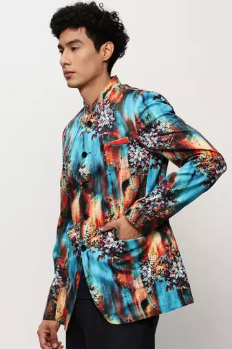 SHOWOFF Men's Mandarin Collar Printed Blue Bandhgala Blazer