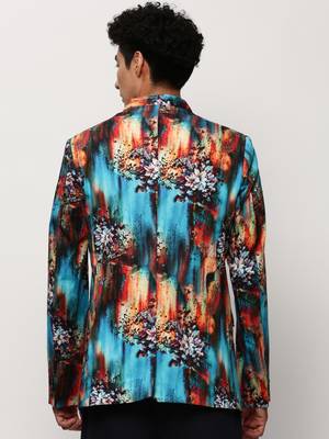 SHOWOFF Men's Mandarin Collar Printed Blue Bandhgala Blazer 4