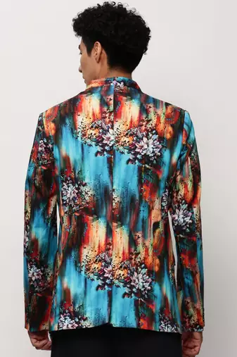 SHOWOFF Men's Mandarin Collar Printed Blue Bandhgala Blazer