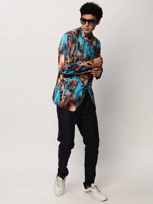 SHOWOFF Men's Mandarin Collar Printed Blue Bandhgala Blazer 5