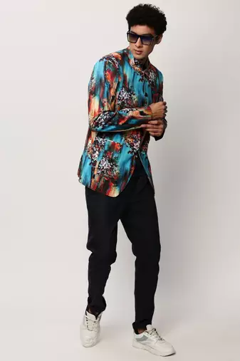 SHOWOFF Men's Mandarin Collar Printed Blue Bandhgala Blazer