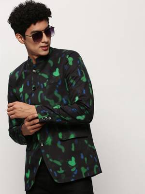 Men's Mandarin Collar Printed Black Bandhgala Blazer 1