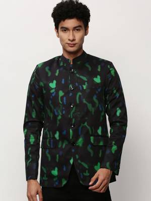 Men's Mandarin Collar Printed Black Bandhgala Blazer 2
