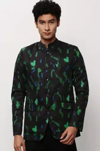 Men's Mandarin Collar Printed Black Bandhgala Blazer