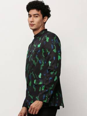 Men's Mandarin Collar Printed Black Bandhgala Blazer 3