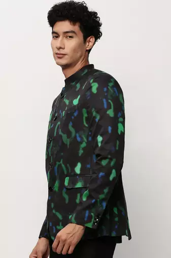 Men's Mandarin Collar Printed Black Bandhgala Blazer