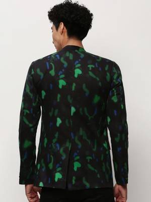 Men's Mandarin Collar Printed Black Bandhgala Blazer 4