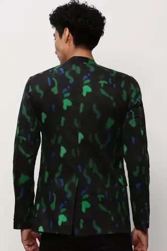 Men's Mandarin Collar Printed Black Bandhgala Blazer