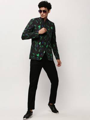 Men's Mandarin Collar Printed Black Bandhgala Blazer 5
