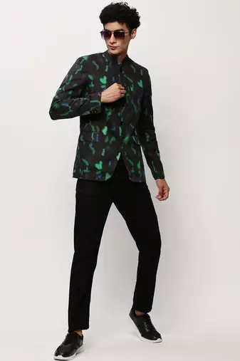 Men's Mandarin Collar Printed Black Bandhgala Blazer
