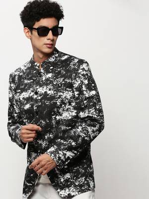 SHOWOFF Men's Mandarin Collar Printed Black Bandhgala Blazer 1