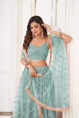 Light Blue Heavy Embroidery Net Semi Stitch A Line Lehenga With Blouse 3