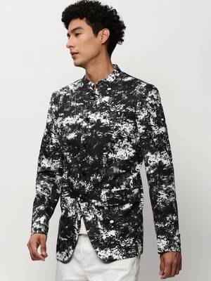 SHOWOFF Men's Mandarin Collar Printed Black Bandhgala Blazer 3