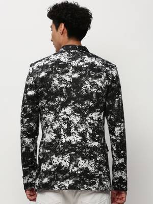 SHOWOFF Men's Mandarin Collar Printed Black Bandhgala Blazer 4