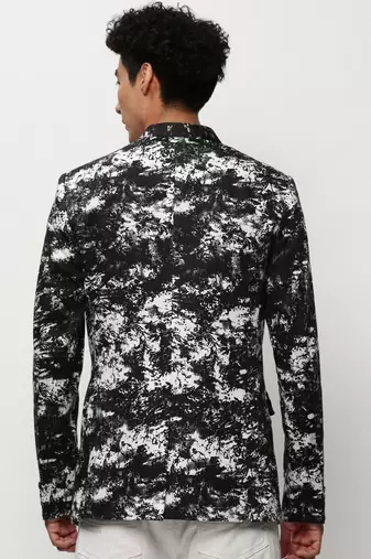 SHOWOFF Men's Mandarin Collar Printed Black Bandhgala Blazer