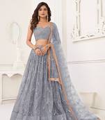 Grey Heavy Embroidery Net Semi Stitch A Line Lehenga With Blouse