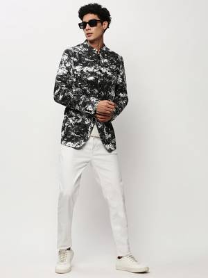 SHOWOFF Men's Mandarin Collar Printed Black Bandhgala Blazer 5