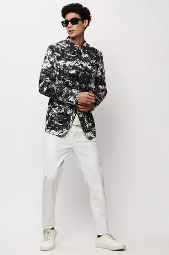 SHOWOFF Men's Mandarin Collar Printed Black Bandhgala Blazer