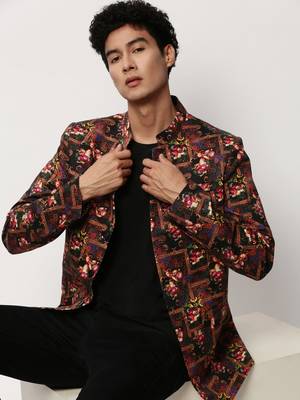 SHOWOFF Men's Mandarin Collar Printed Black Bandhgala Blazer 1