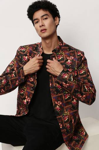 SHOWOFF Men's Mandarin Collar Printed Black Bandhgala Blazer