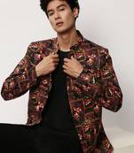 SHOWOFF Men's Mandarin Collar Printed Black Bandhgala Blazer