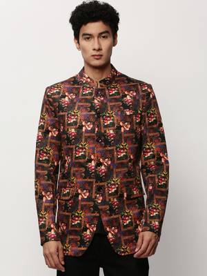 SHOWOFF Men's Mandarin Collar Printed Black Bandhgala Blazer 2
