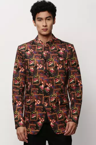 SHOWOFF Men's Mandarin Collar Printed Black Bandhgala Blazer