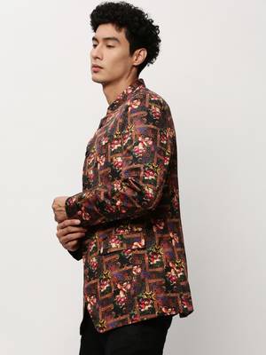 SHOWOFF Men's Mandarin Collar Printed Black Bandhgala Blazer 3