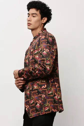 SHOWOFF Men's Mandarin Collar Printed Black Bandhgala Blazer