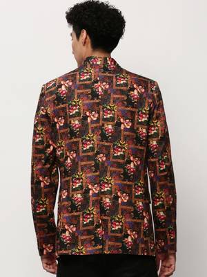 SHOWOFF Men's Mandarin Collar Printed Black Bandhgala Blazer 4