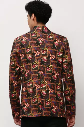 SHOWOFF Men's Mandarin Collar Printed Black Bandhgala Blazer