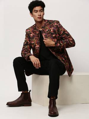 SHOWOFF Men's Mandarin Collar Printed Black Bandhgala Blazer 5