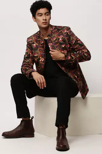 SHOWOFF Men's Mandarin Collar Printed Black Bandhgala Blazer