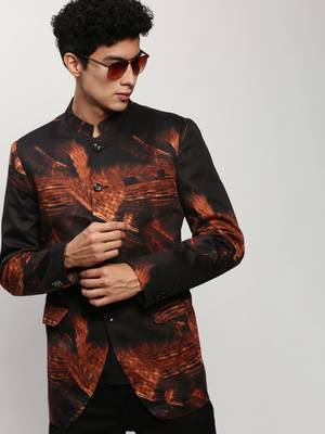 Men's Mandarin Collar Printed Black Bandhgala Blazer 1