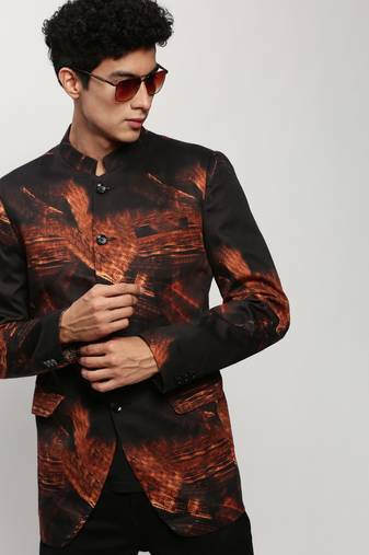 Men's Mandarin Collar Printed Black Bandhgala Blazer