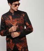 Men's Mandarin Collar Printed Black Bandhgala Blazer