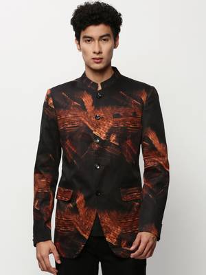 Men's Mandarin Collar Printed Black Bandhgala Blazer 2