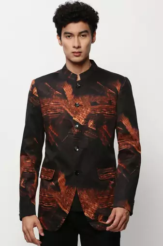 Men's Mandarin Collar Printed Black Bandhgala Blazer