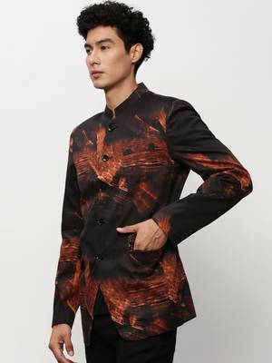 Men's Mandarin Collar Printed Black Bandhgala Blazer 3
