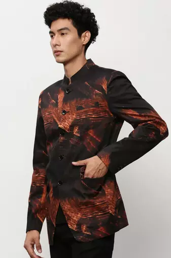 Men's Mandarin Collar Printed Black Bandhgala Blazer