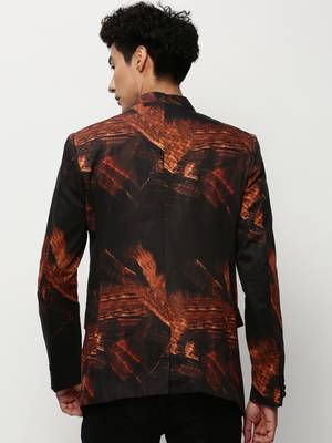 Men's Mandarin Collar Printed Black Bandhgala Blazer 4